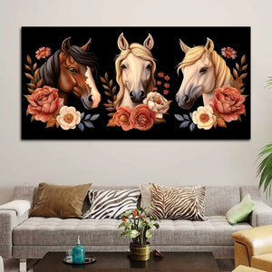 Vintage Style Horse Face & Flowers Canvas Wall Painting