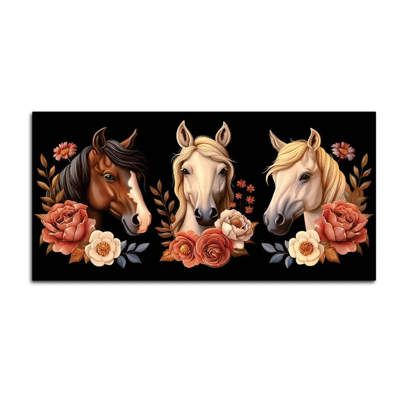 Vintage Style Horse Face & Flowers Canvas Wall Painting