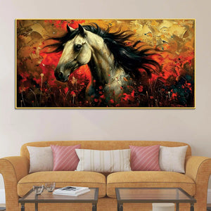 Vivid Horse with Bold Abstract Red and Golden Background Canvas Wall Painting