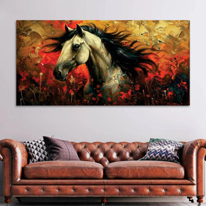 Vivid Horse with Bold Abstract Red and Golden Background Canvas Wall Painting