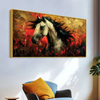 Vivid Horse with Bold Abstract Red and Golden Background Canvas Wall Painting