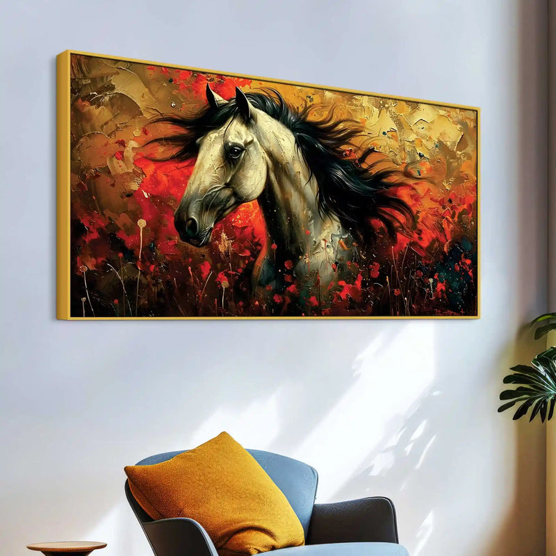 Vivid Horse with Bold Abstract Red and Golden Background Canvas Wall Painting