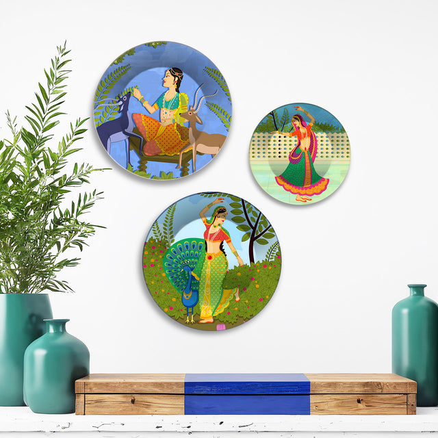 Vrindavan Vibes Women & Nature Premium Wall Plates Painting Set of 3