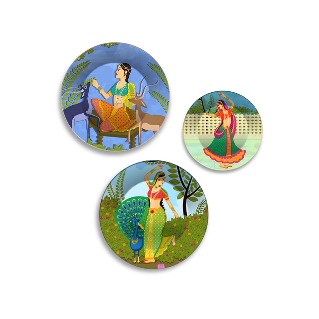 Vrindavan Vibes Women & Nature Premium Wall Plates Painting Set of 3