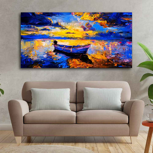 Wall Canvas Painting of Boat Sunset Over Ocean