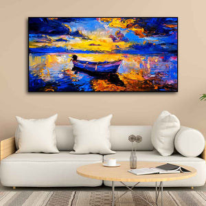 Wall Canvas Painting of Boat Sunset Over Ocean