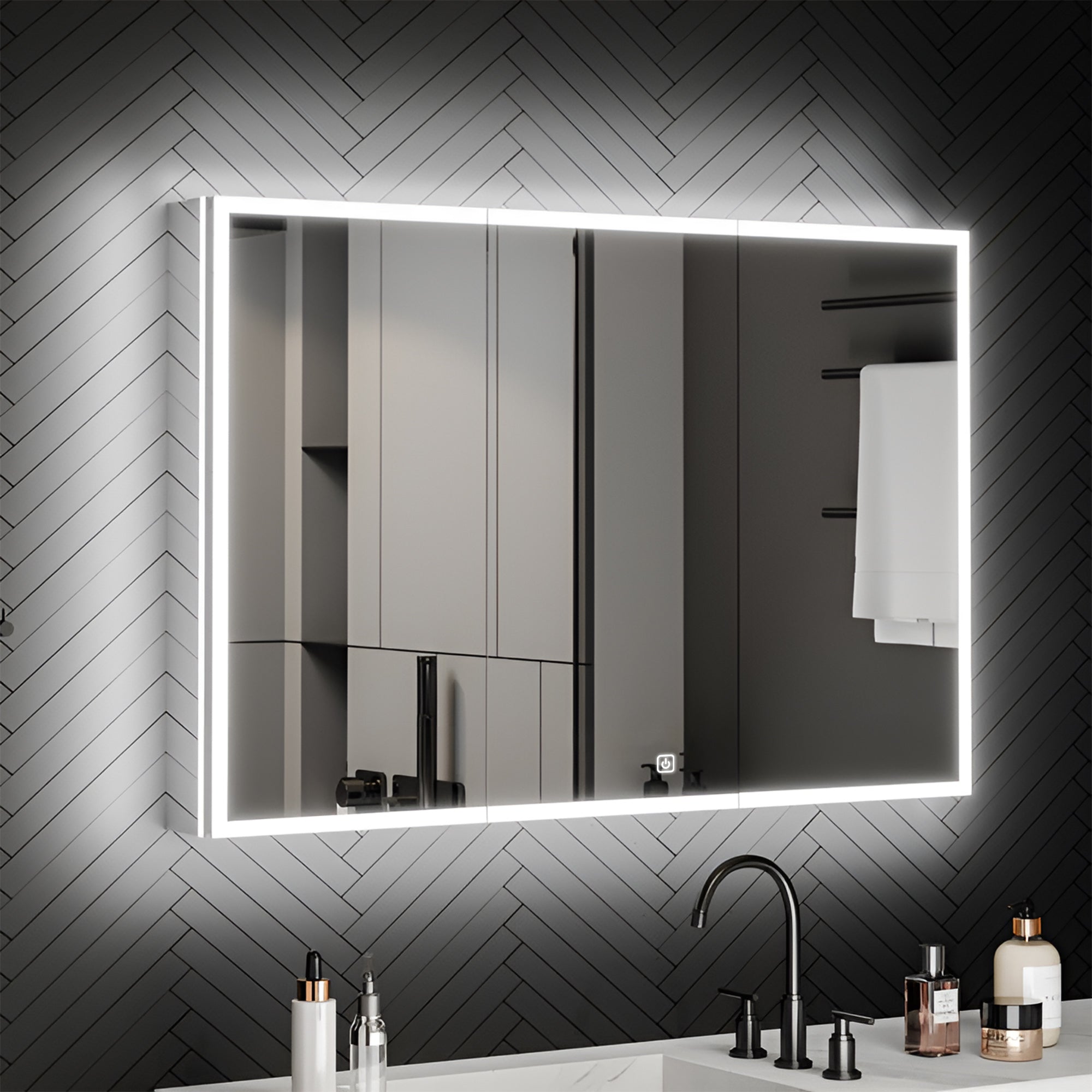 Wall Mounted Bathroom Cabinet Mirror with Sleek LED Border