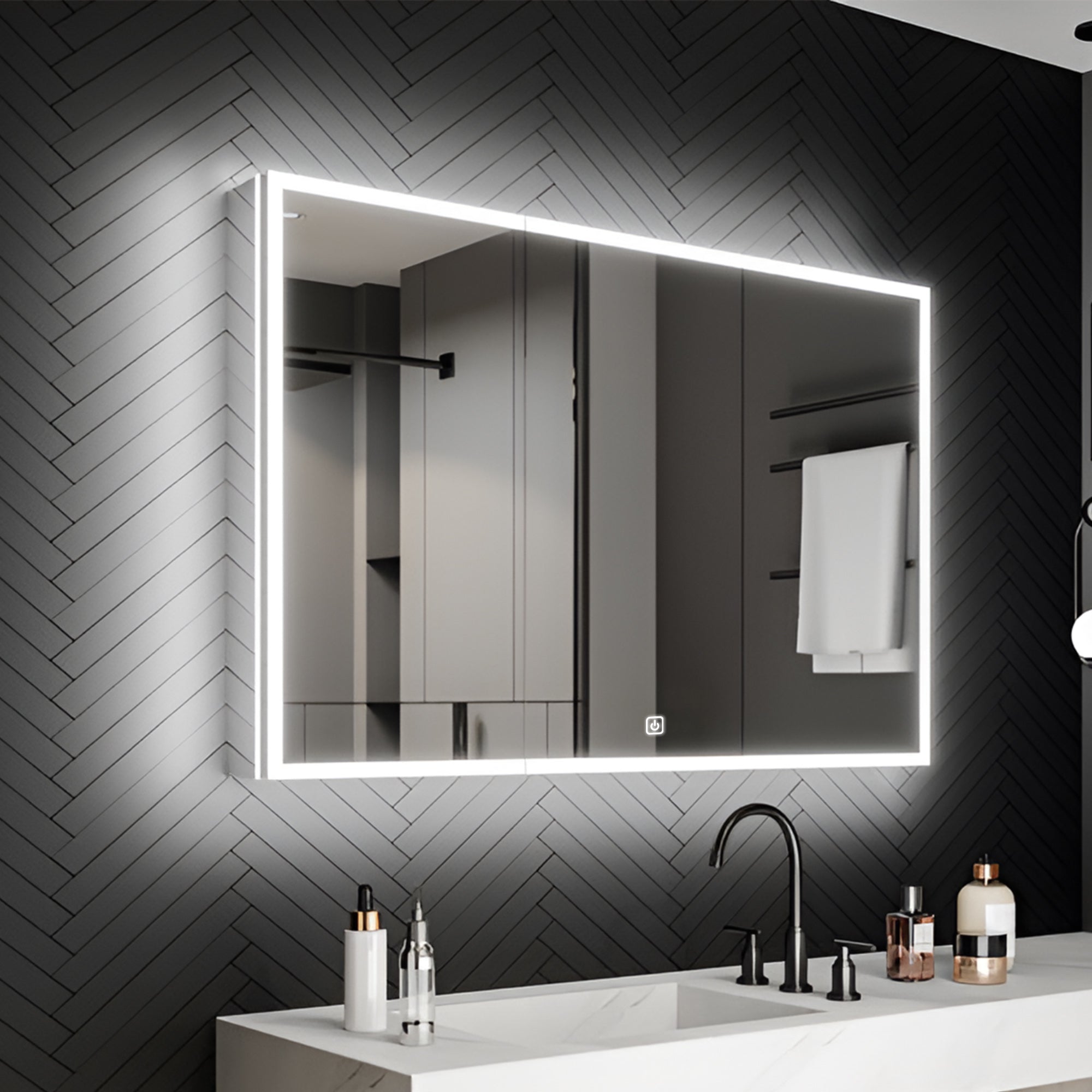 Wall Mounted Bathroom Cabinet Mirror with Sleek LED Border