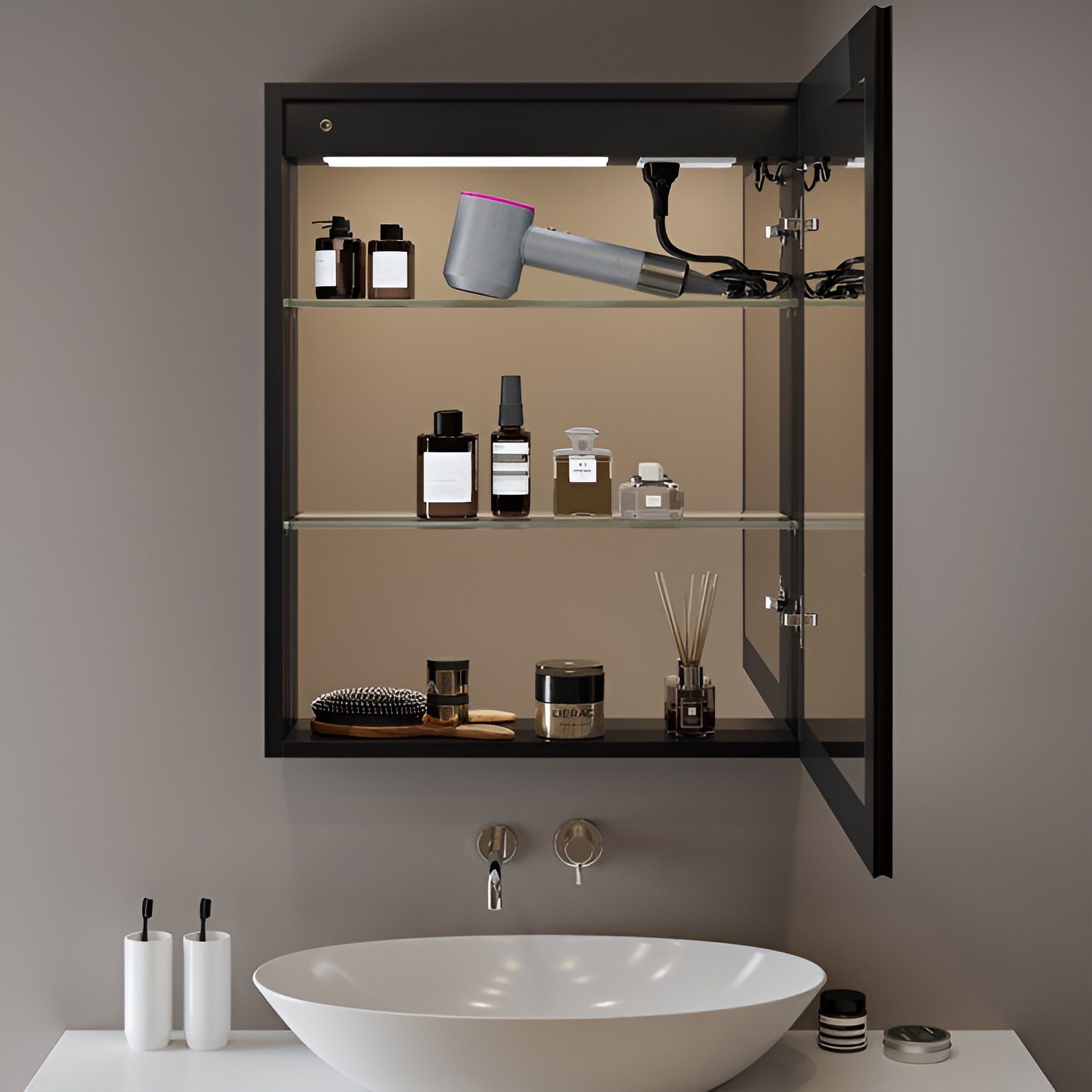 Wall Mounted Bathroom Mirror Cabinet with LED Light and Defogger