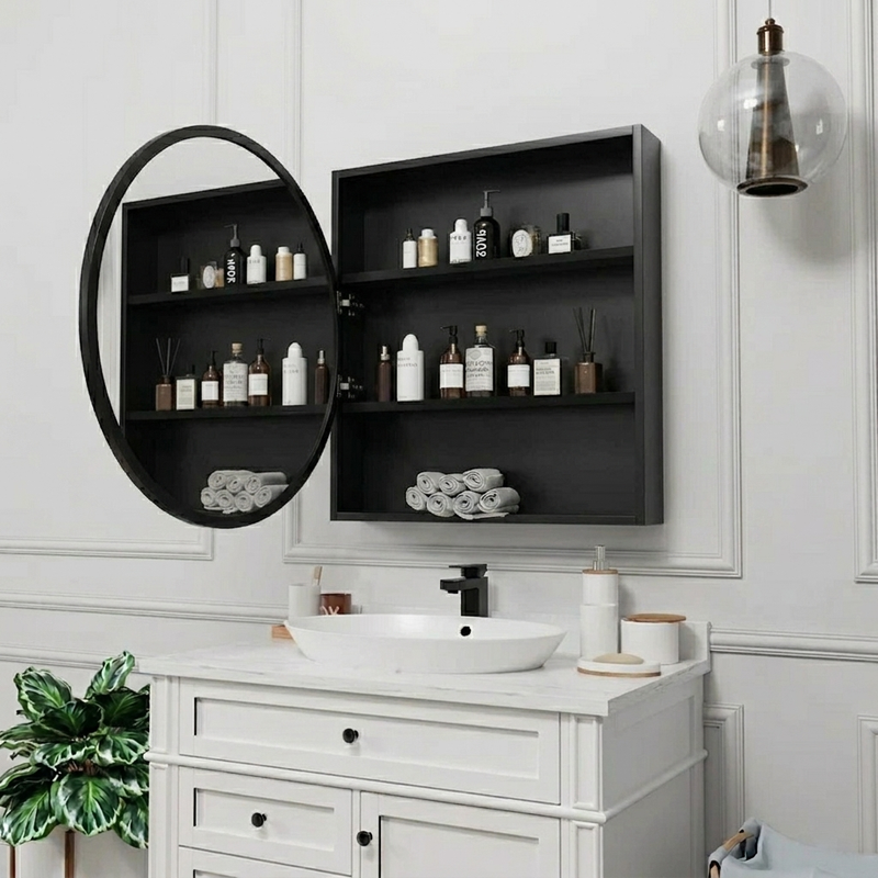 Wall Mounted Circle Mirror with Sleek Black Frame