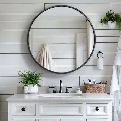 Wall Mounted Circle Mirror with Sleek Black Frame