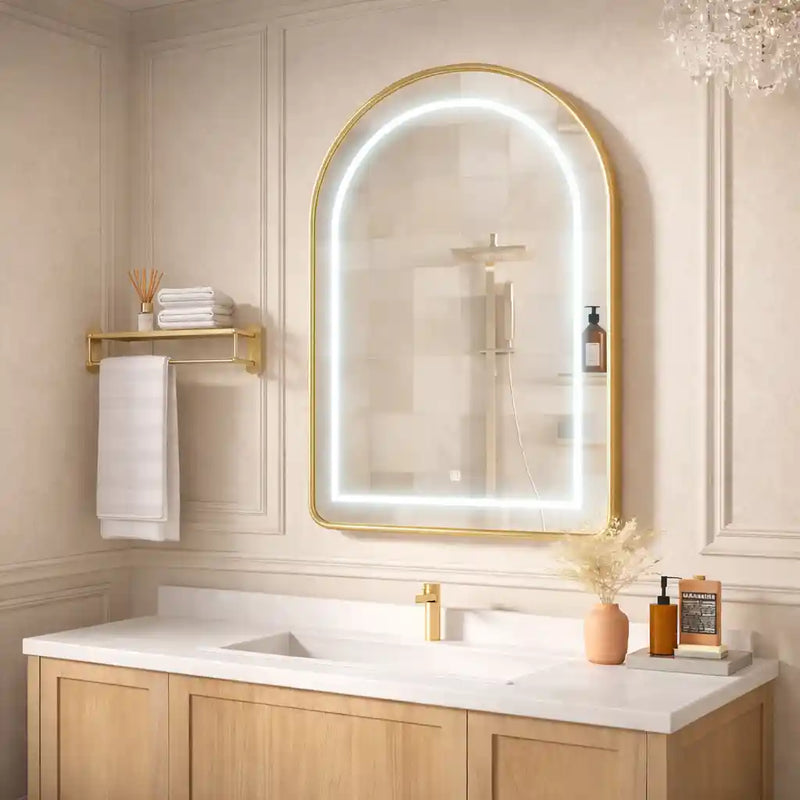 Wall Mounted LED Mirror Cabinet with Curved Design and Gold Trim