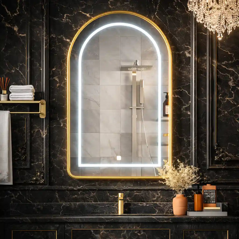 Wall Mounted LED Mirror Cabinet with Curved Design and Gold Trim
