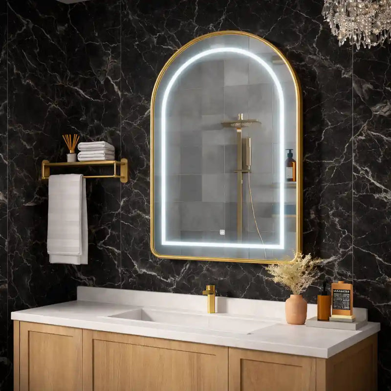 Wall Mounted LED Mirror Cabinet with Curved Design and Gold Trim