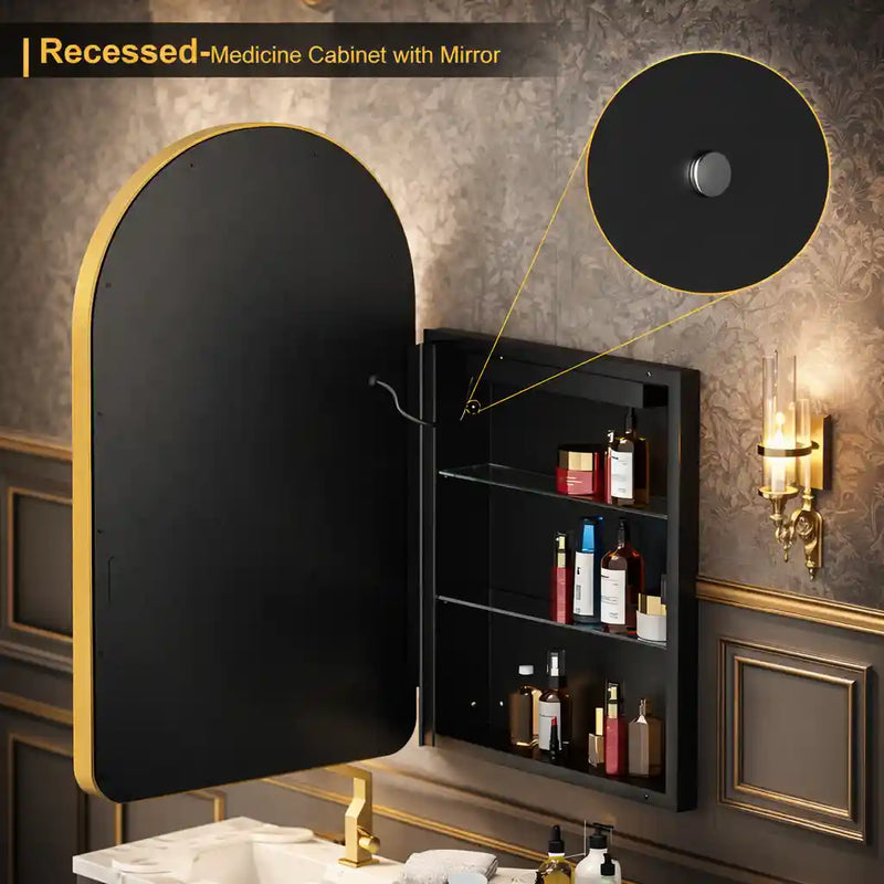 Wall Mounted LED Mirror Cabinet with Curved Design and Gold Trim
