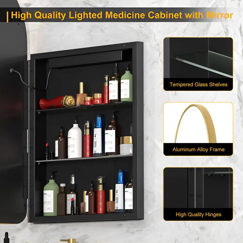 Wall Mounted LED Mirror Cabinet with Curved Design and Gold Trim