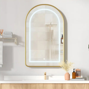 Wall Mounted LED Mirror Cabinet with Curved Design and Gold Trim