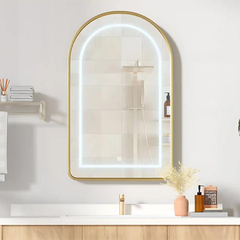 Wall Mounted LED Mirror Cabinet with Curved Design and Gold Trim