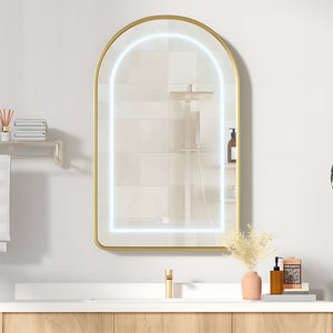Wall Mounted LED Vanity Mirror Cabinet with Curved Design and Gold Trim
