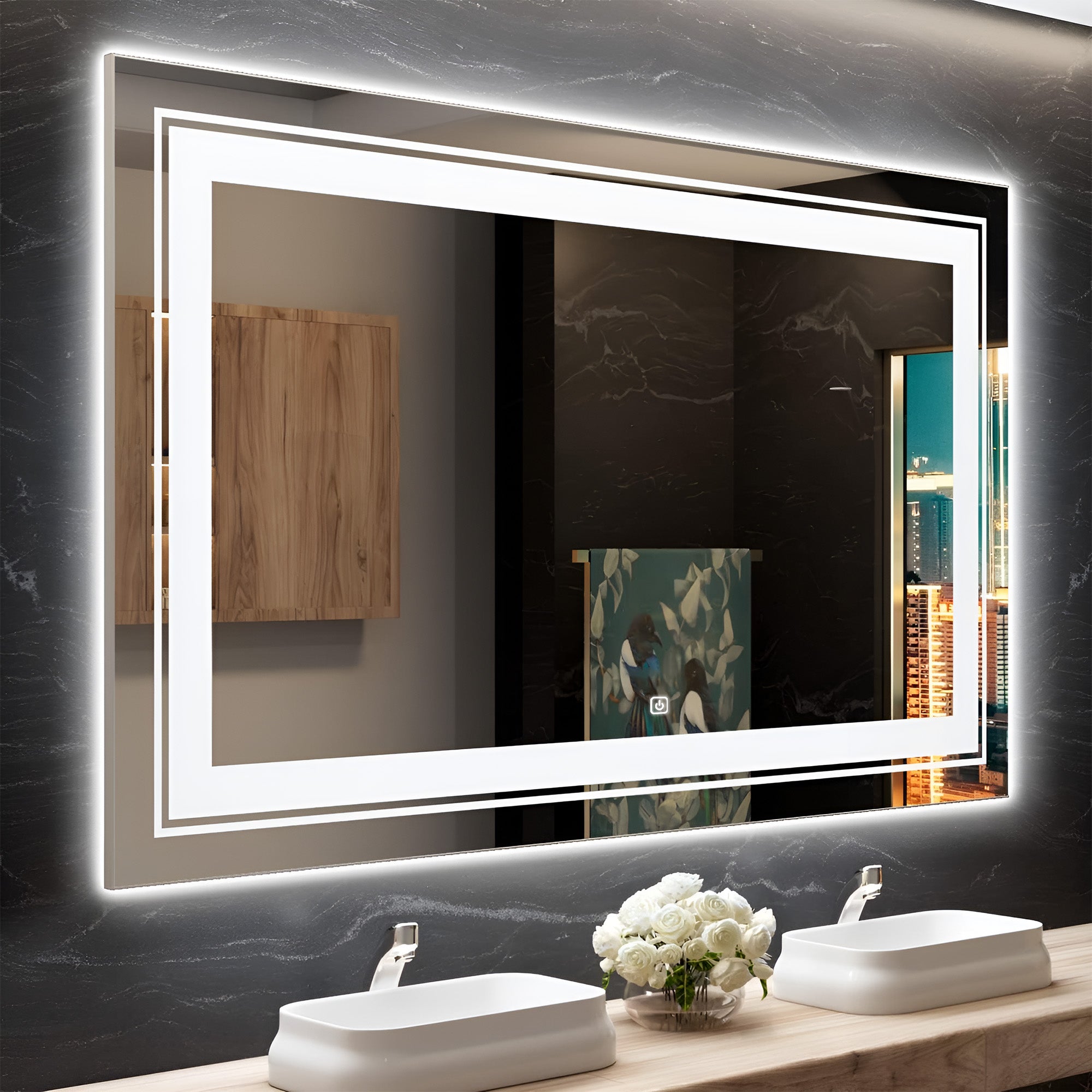 Wall Mounted Oversized Bathroom Mirror with Double LED Frame