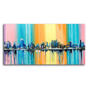 Wall Painting of A Fantasy Coastal city with a Rainbow Background