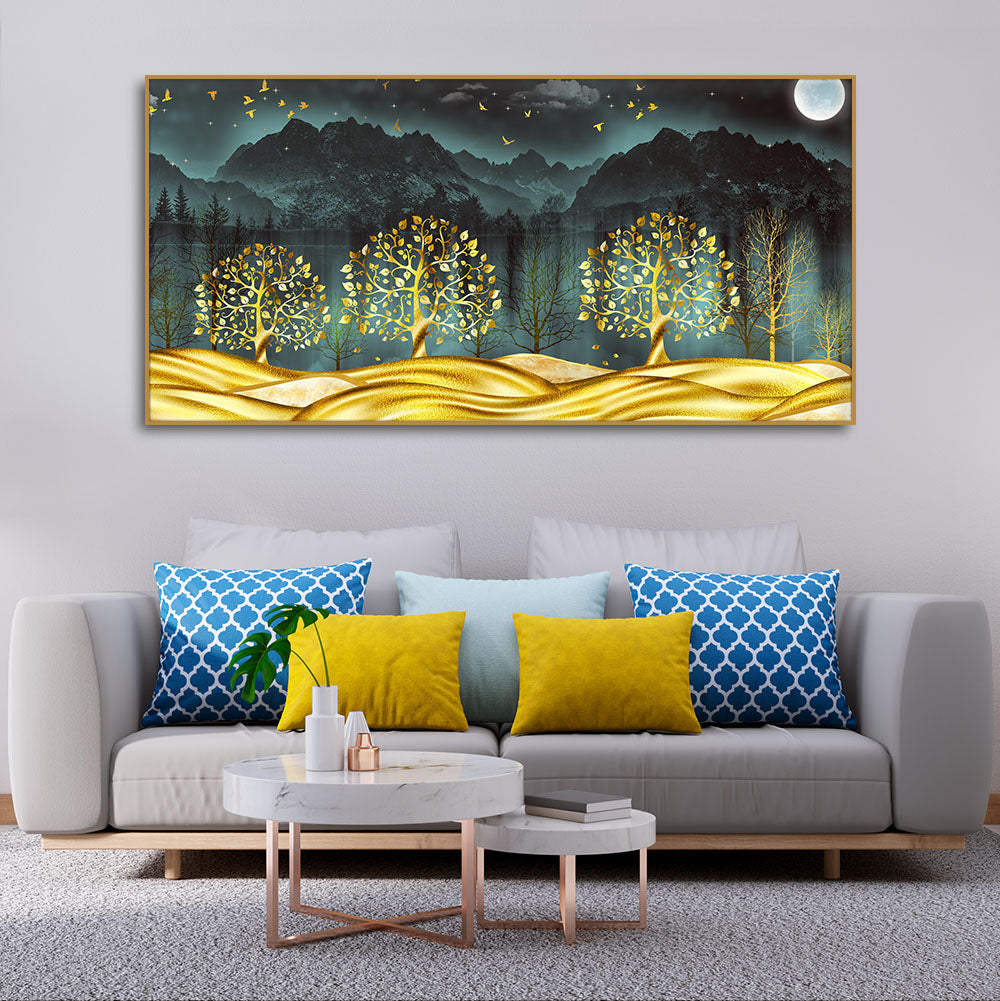 Wall Painting of Golden Trees in Dark Forest