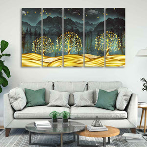 Wall Painting of Golden Trees in Dark Forest of Five Pieces