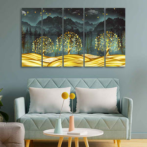 Wall Painting of Golden Trees in Dark Forest of Five Pieces