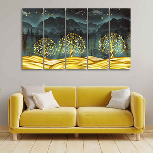 Wall Painting of Golden Trees in Dark Forest of Five Pieces