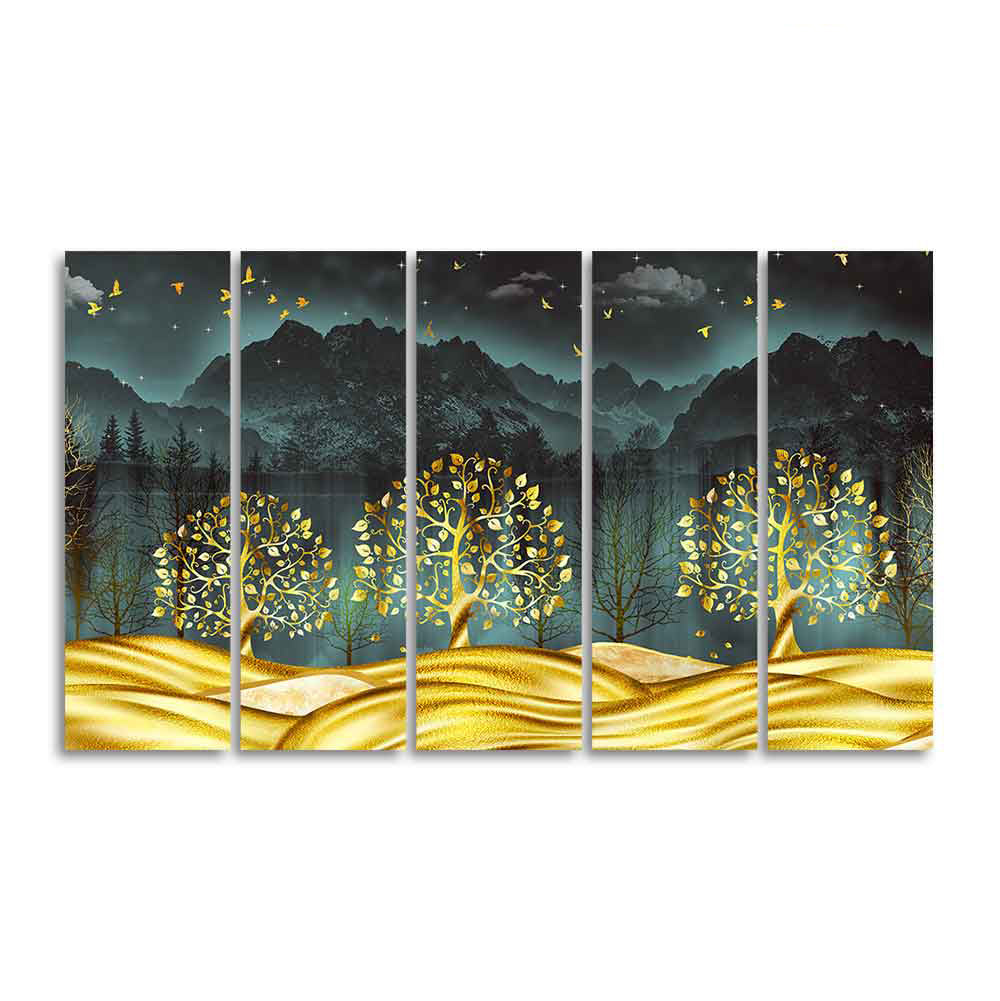 Wall Painting of Golden Trees in Dark Forest of Five Pieces