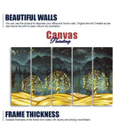 Wall Painting of Golden Trees in Dark Forest of Five Pieces