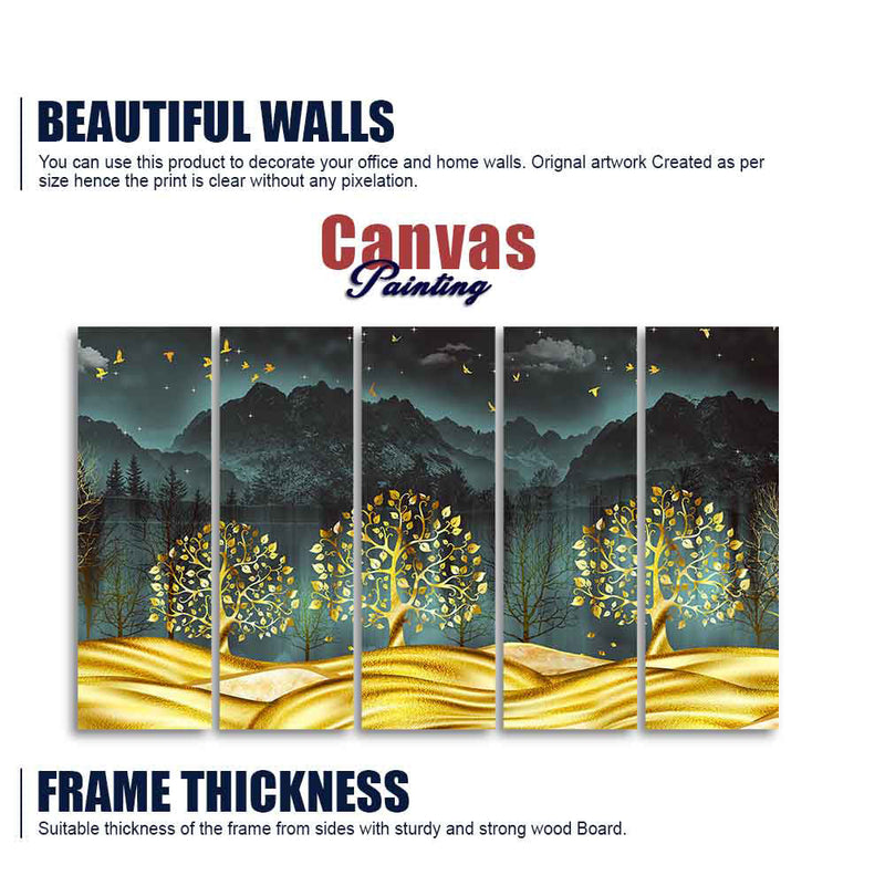 Wall Painting of Golden Trees in Dark Forest of Five Pieces