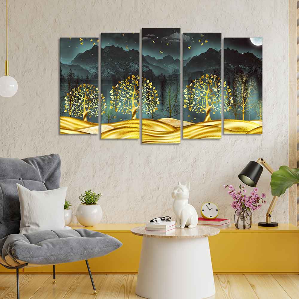 Wall Painting of Golden Trees in Dark Forest of Five Pieces Set