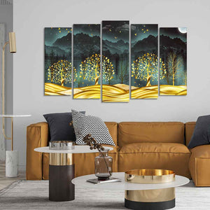 Wall Painting of Golden Trees in Dark Forest of Five Pieces Set