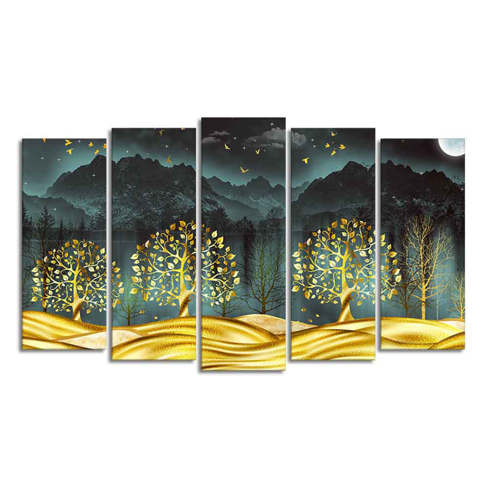 Wall Painting of Golden Trees in Dark Forest of Five Pieces Set