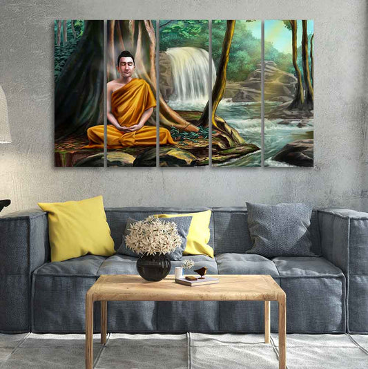 Wall Painting of Lord Buddha with Nature Background Set of Five