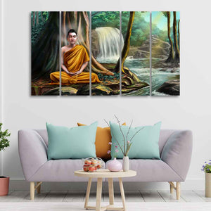 Wall Painting of Lord Buddha with Nature Background Set of Five