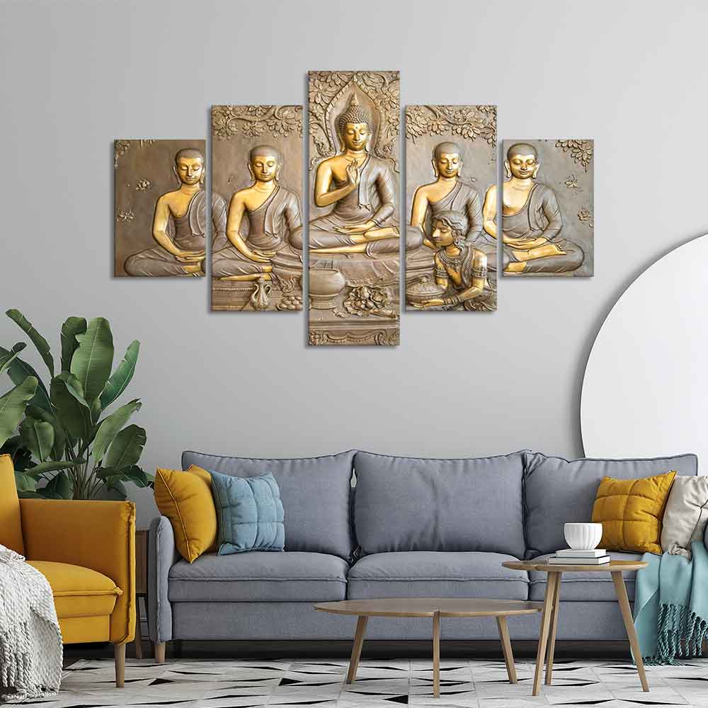 Wall Painting of Lord Buddha in Thailand Temple 5 Pieces Canvas