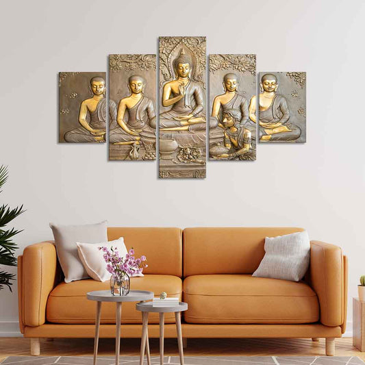 Wall Painting of Lord Buddha in Thailand Temple 5 Pieces Canvas