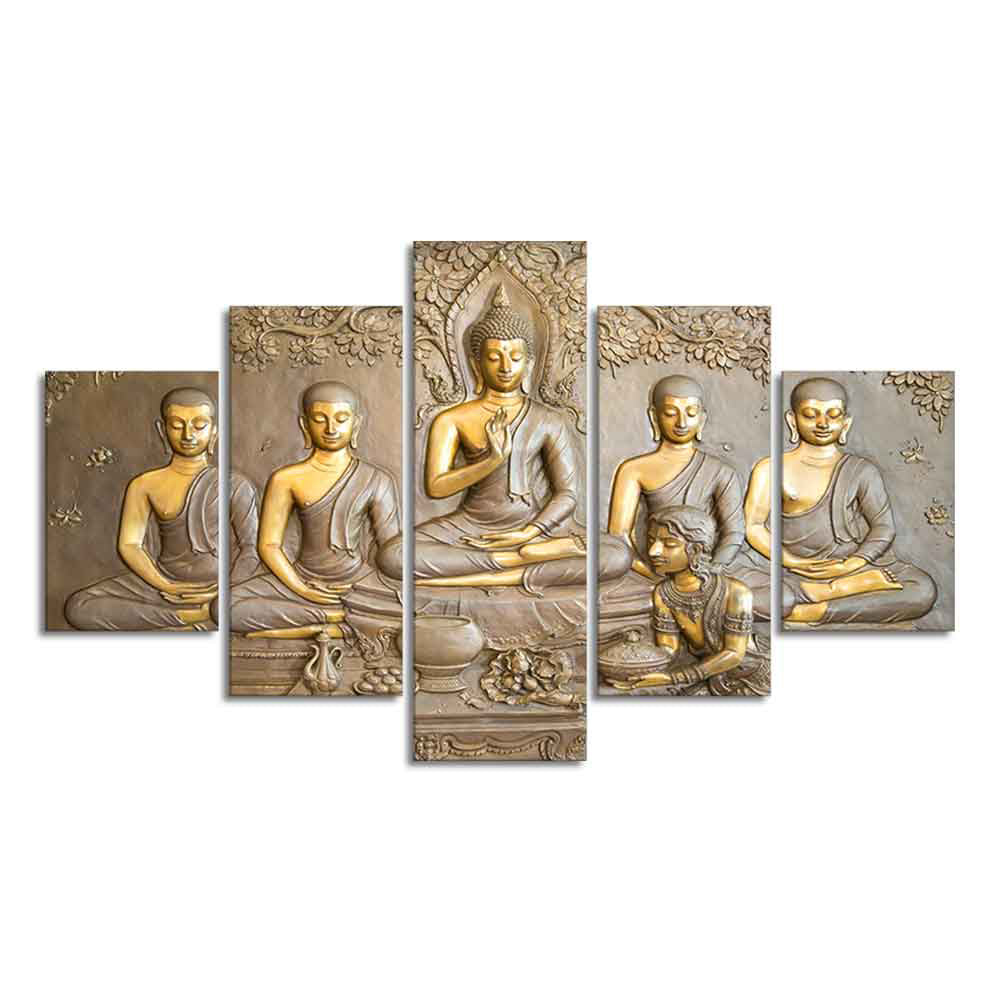 Wall Painting of Lord Buddha in Thailand Temple 5 Pieces Canvas