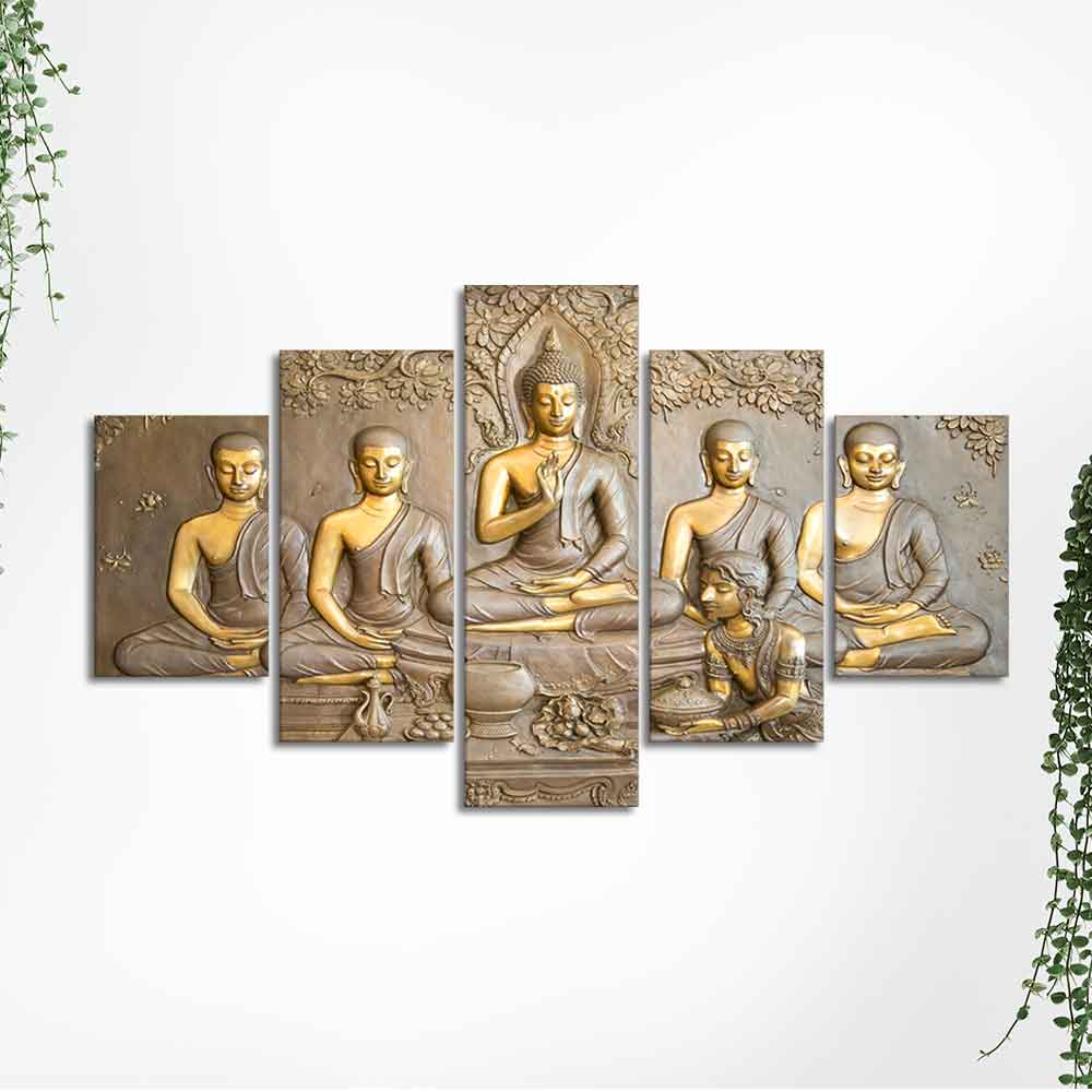 Wall Painting of Lord Buddha in Thailand Temple 5 Pieces Canvas