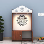 Walnut Finish Wooden Floor Pooja Mandir with Kalash & Om Design Lotus Pattern Back Panel & Cabinet