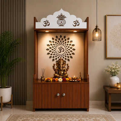 Walnut Finish Wooden Floor Pooja Mandir with Kalash & Om Design Lotus Pattern Back Panel & Cabinet