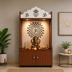 Walnut Finish Wooden Floor Pooja Mandir with Kalash & Om Design Lotus Pattern Back Panel & Cabinet