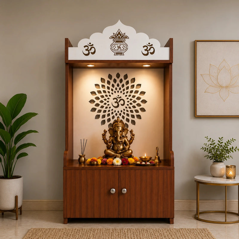 Walnut Finish Wooden Floor Pooja Mandir with Kalash & Om Design Lotus Pattern Back Panel & Cabinet