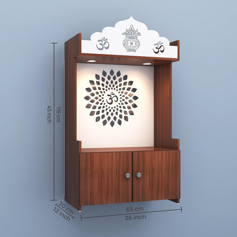 Walnut Finish Wooden Floor Pooja Mandir with Kalash & Om Design Lotus Pattern Back Panel & Cabinet