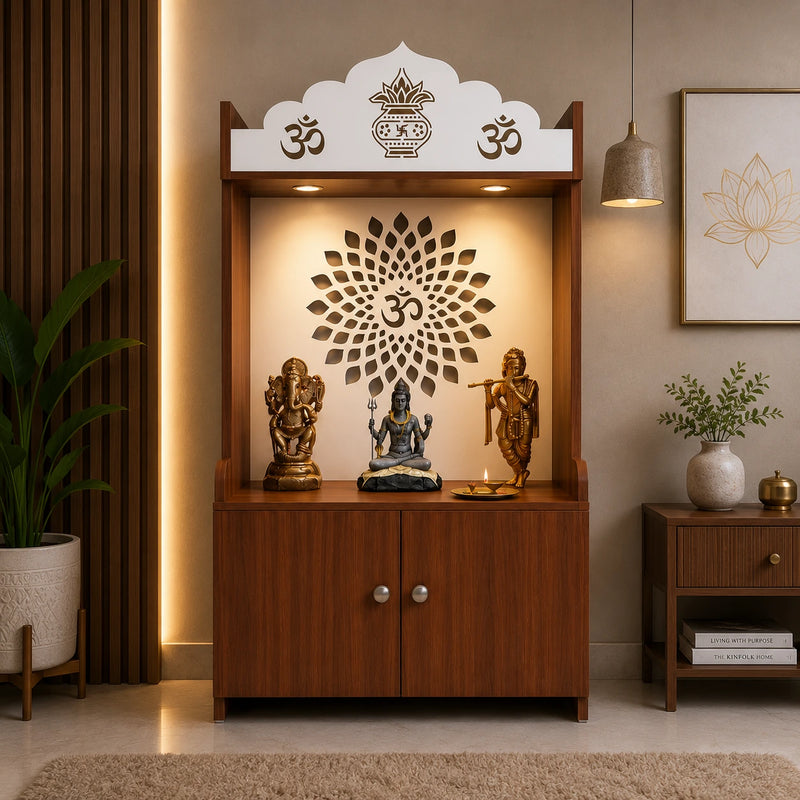Walnut Finish Wooden Floor Pooja Mandir with Kalash & Om Design Lotus Pattern Back Panel & Cabinet