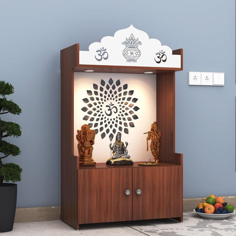 Walnut Finish Wooden Floor Pooja Mandir with Kalash & Om Design Lotus Pattern Back Panel & Cabinet