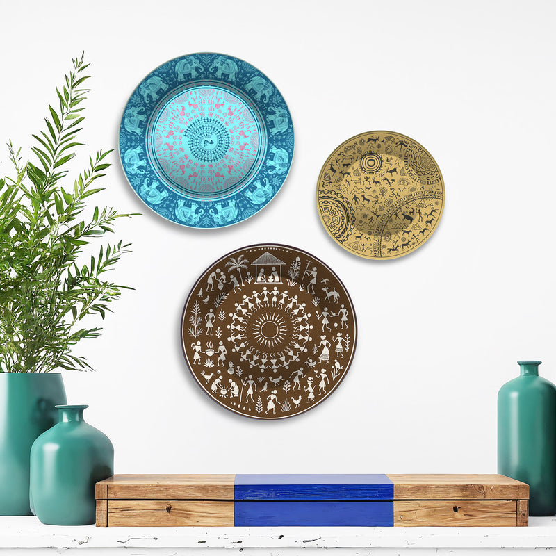 Warli and Tribal Art Village Vibes Premium Wall Plates Painting Set of 3