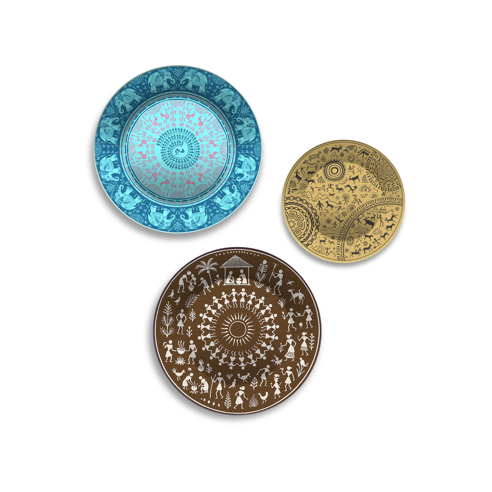Warli and Tribal Art Village Vibes Premium Wall Plates Painting Set of 3